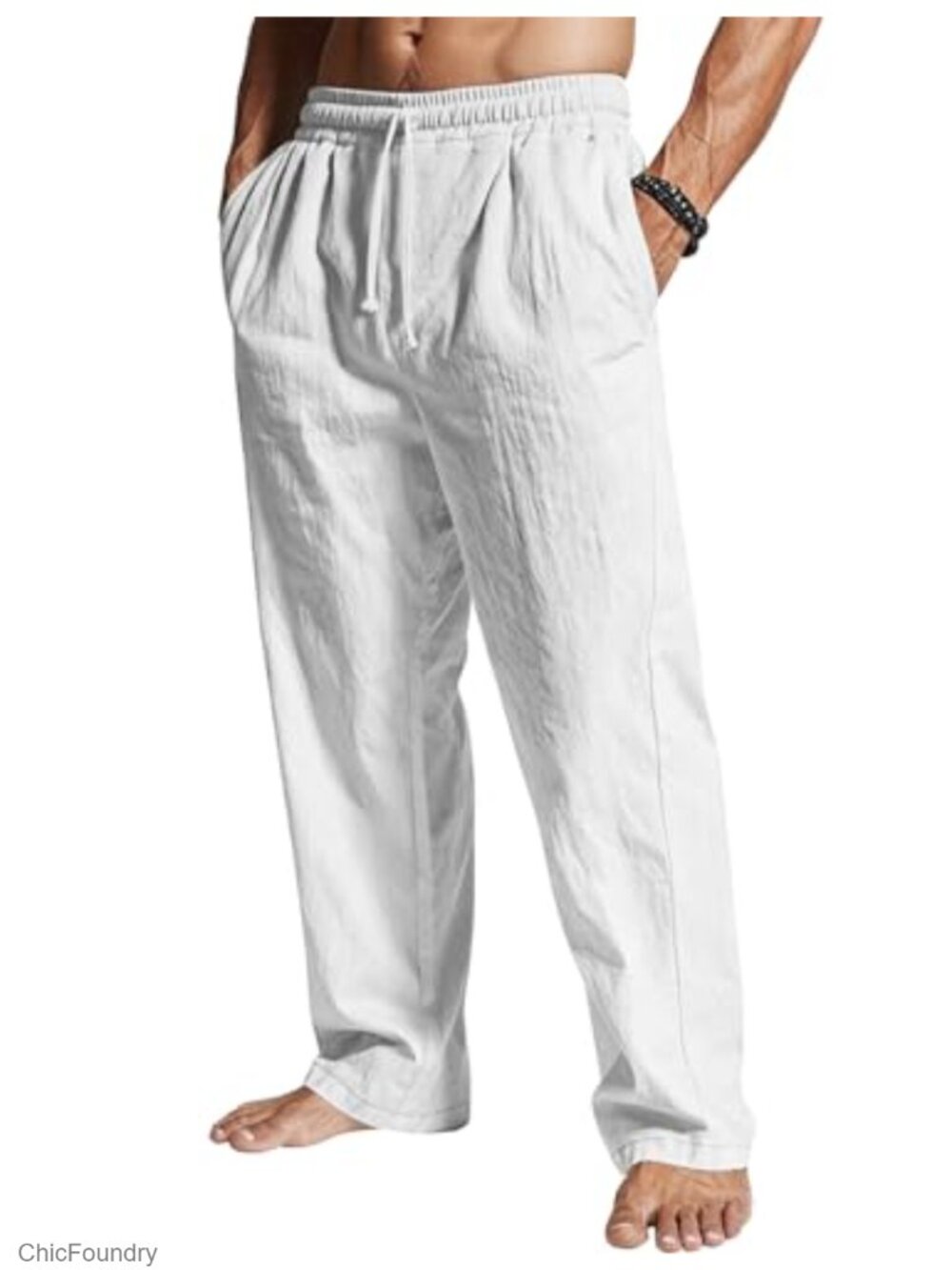 Men's Casual Linen Pants Loose Fit Drawstring Waist Summer Beach Long Pants
